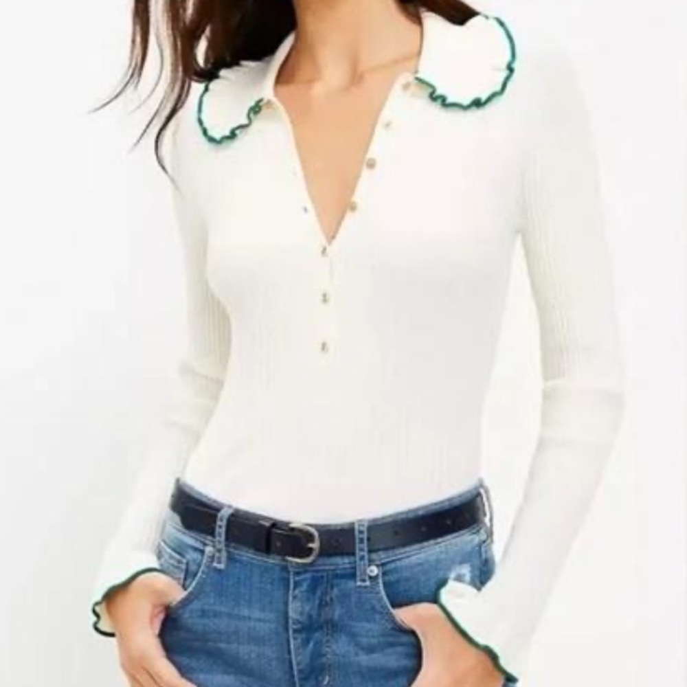 LOFT Cream Ribbed Knit Green Tipped Ruffled Long Sleeve Sweater